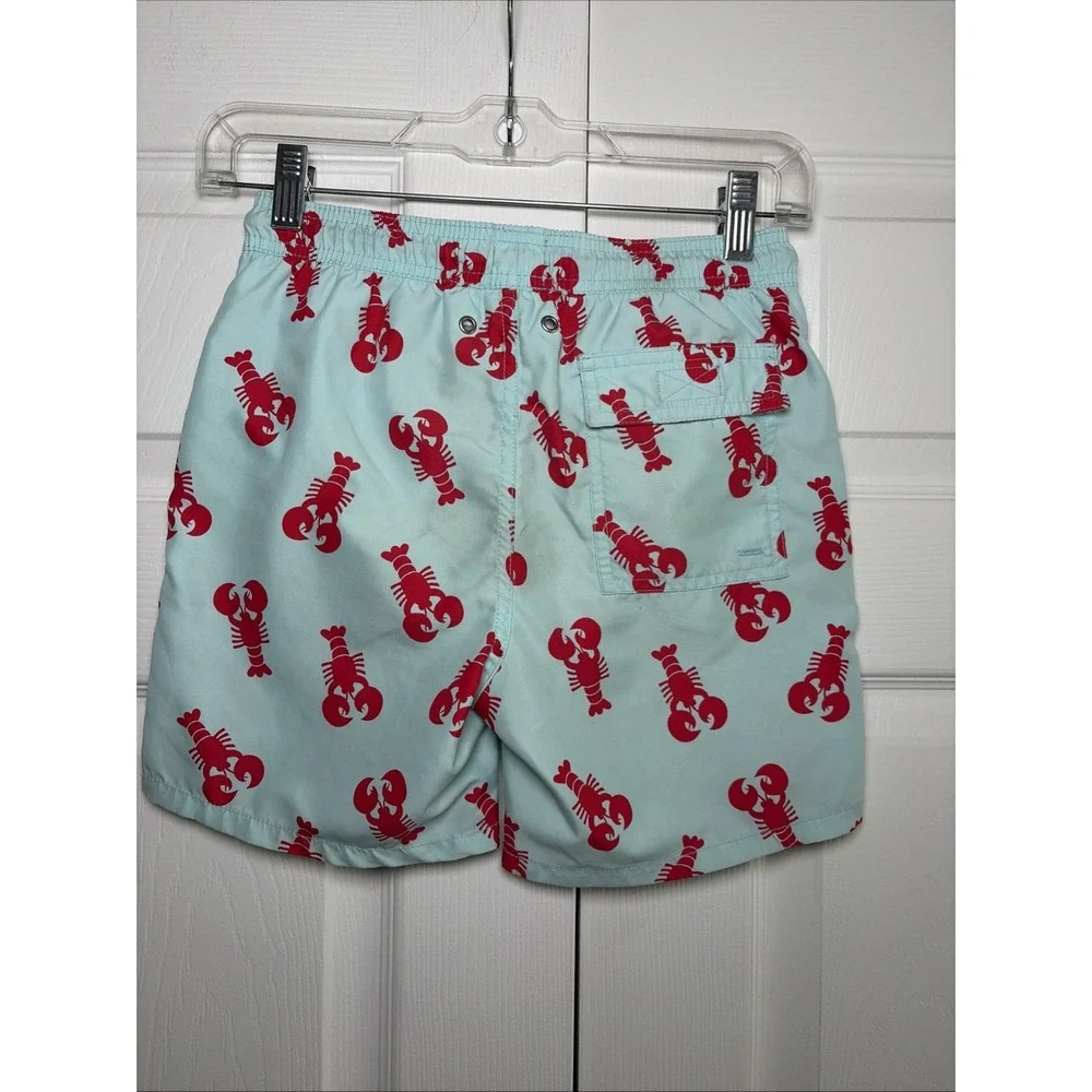Tom & Teddy‎ Lobster Print Swim Trunks Boys Size 7/8 Blue Red Beach Shorts Mesh